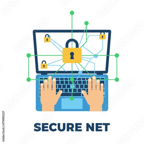 The concept of cyber internet security, GDPR, and cybersecurity focuses on protecting private personal data, as illustrated by a person using the internet on a laptop in the background
