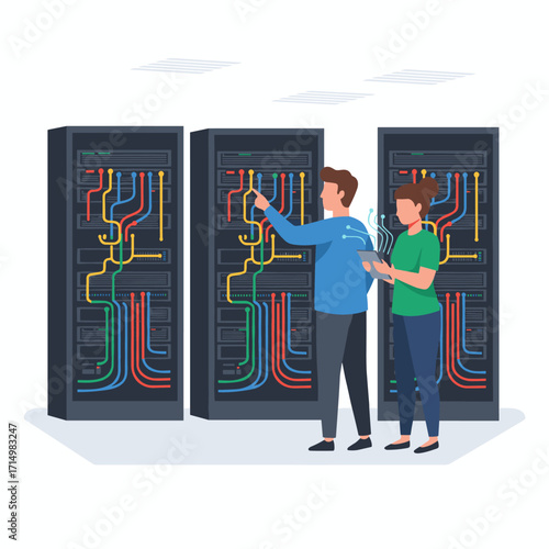 IT professionals, engineers, or server‑room cable technicians handle programming and connection maintenance, while male and female technicians in the data center manage networks, cybersecurity