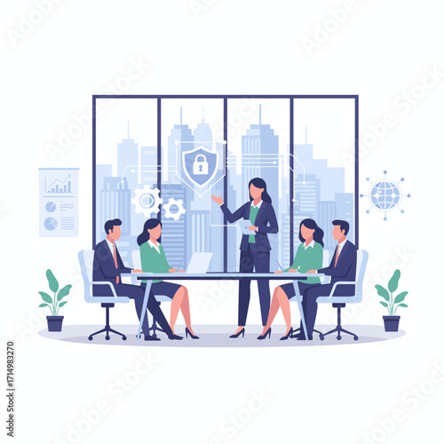 A diverse group of professionals convenes in a boardroom to discuss cybersecurity, with digital icons overlaying the scene to emphasize the focus on cybersecurity and teamwork in the technology