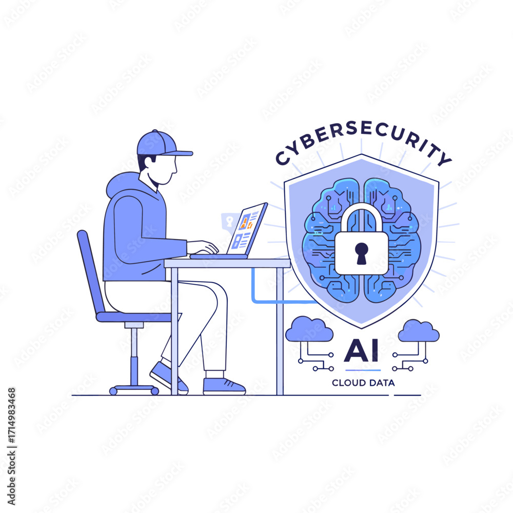 Fototapeta premium Illustration of an abstract vector concept depicting AI-driven network security, showcasing cybersecurity with AI surveillance of suspicious actions and intrusions, and an abstract metaphor of AI