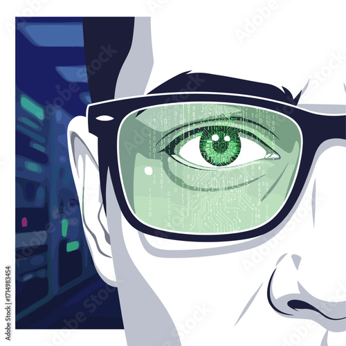 A tight shot of a determined software developer with glasses, staring at a computer screen while handling big data; code glints in their lenses, embodying data science, machine learning, and AI