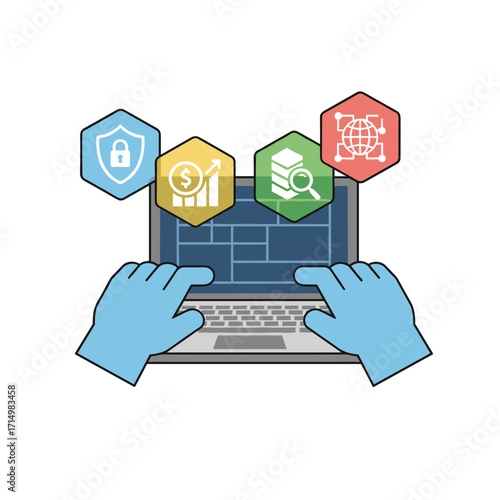 The concept of cybersecurity on the internet involves global network security technology, where business professionals safeguard personal data and information, using encryption symbolized by a