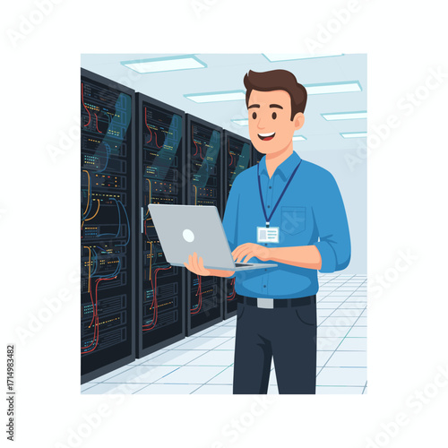 The engineer manages computer and server rooms, data centers, and system solutions, while also overseeing electrician inspections and cybersecurity, and the IT professional works on a laptop to