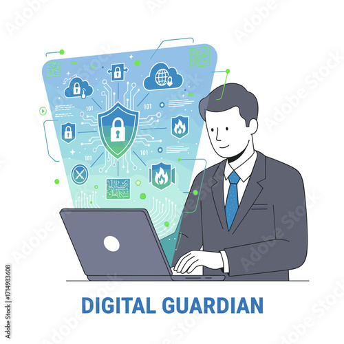 Concept of cyber security data protection: a professional uses a laptop with a virtual shield, illustrating online data safety and cyber defense, emphasizing encryption privacy and personal data
