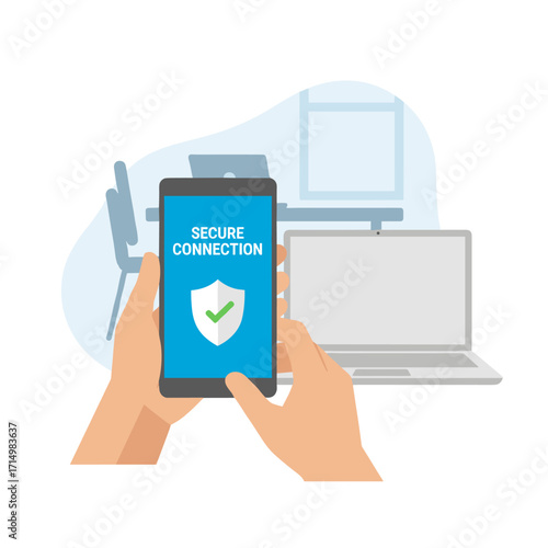 A hand grips a smartphone displaying a secure connection notification, with a close‑up of the screen confirming security and showcasing a mobile security app interface that embodies safe online