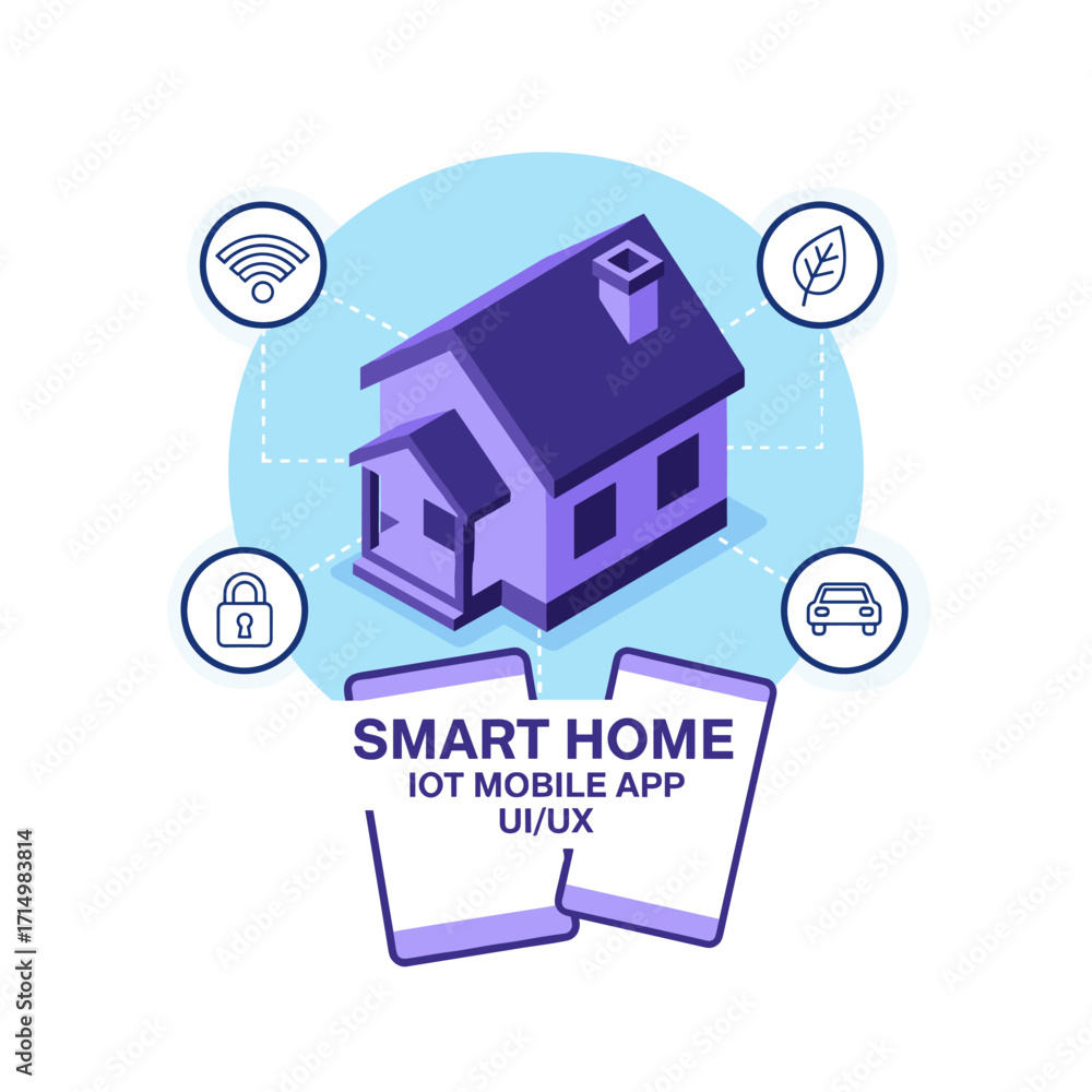 Fototapeta premium Banner concept for smart home technology and the Internet of Things, covering automation and data exchange in manufacturing, cybersecurity for a country house's IoT, and vector