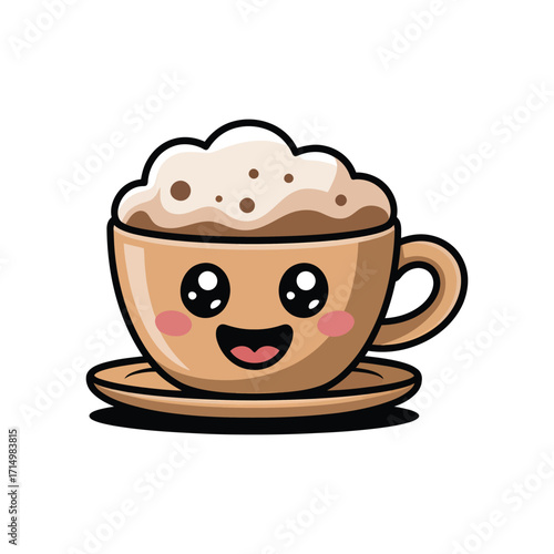 Smiling cappuccino cup with frothy topping and saucer