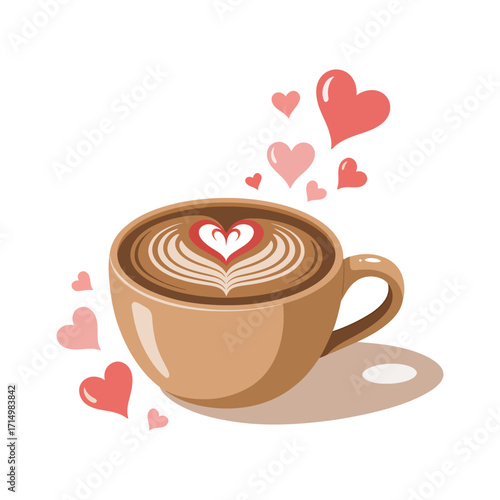 Brown coffee cup with latte art heart and pink hearts