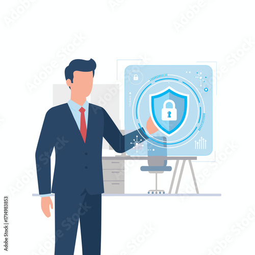 Cybersecurity: Visualizing secure business growth through data and protection strategies, while a businessman examines data trends with cybersecurity focus to guarantee safety and resilience