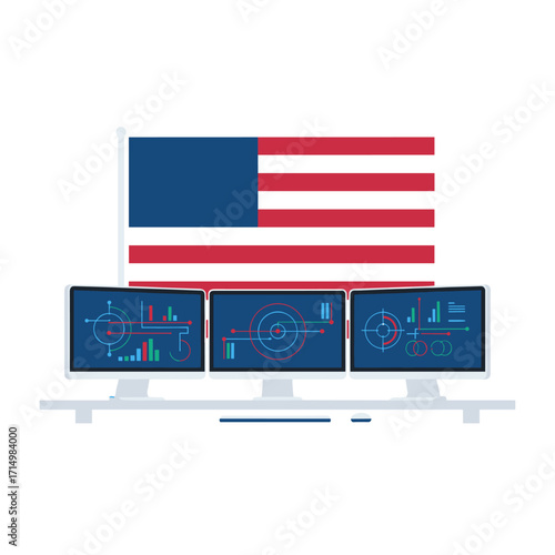 The cyber intelligence and secure operations center displays a large USA flag on the screen, emphasizing the government's cybersecurity strategy, digital forensics, and defense against cyber threats