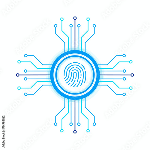 A futuristic sci‑fi board featuring a fingerprint scanner, a cybersecurity panel displaying user biometric data, a high‑tech CPU panel with a luminous HUD circle, all rendered in vector style tech