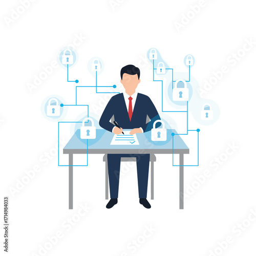 In an office, a man signs documents while talking on his mobile, surrounded by a holographic lock icon; the scene uses double exposure, formal attire, and conveys data protection