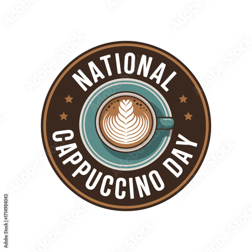 Round badge with cappuccino art and text National Cappuccino Day