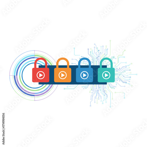 A digital cybersecurity concept featuring padlocks that symbolize data protection and security, set against a vector technology background