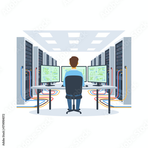 A Caucasian quantum computing engineer works in a dimly lit office at a cutting‑edge research and development facility, programming the quantum computer's operations and data flow