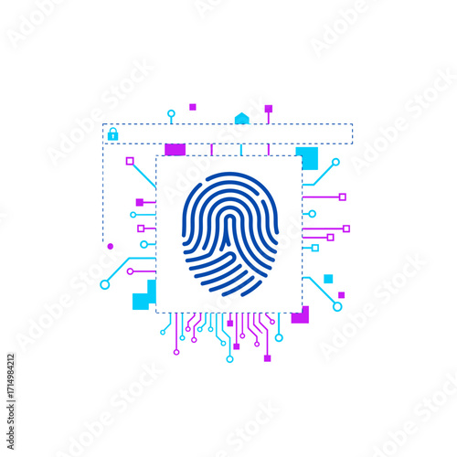 A security interface showcasing an intersecting fingerprint icon and horizontal scan line, complete with data nodes, embodying biometric, cybersecurity, digital, futuristic, technology, data, and