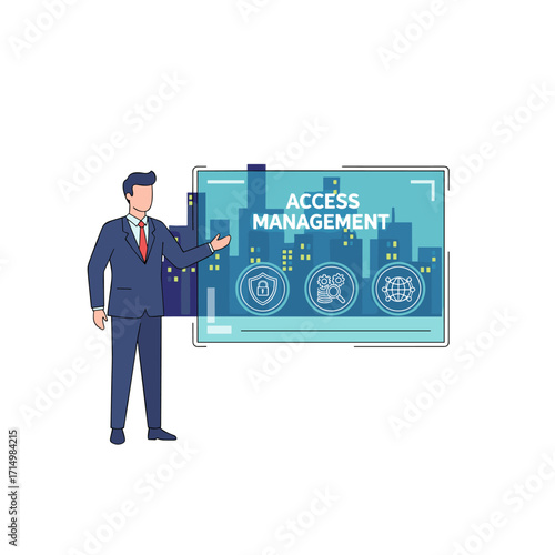 Access Management: A businessman holds an authentication icon while data exchanges illustrate a secure connection against a city backdrop, encompassing identity verification, user control, role-based