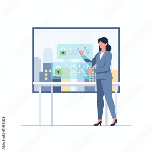 Expert female cybersecurity analyst engages with advanced digital information displayed on holographic panels