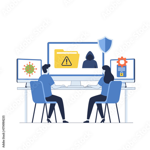 A flat illustration depicting two people managing a data breach crisis and recovering from attacks