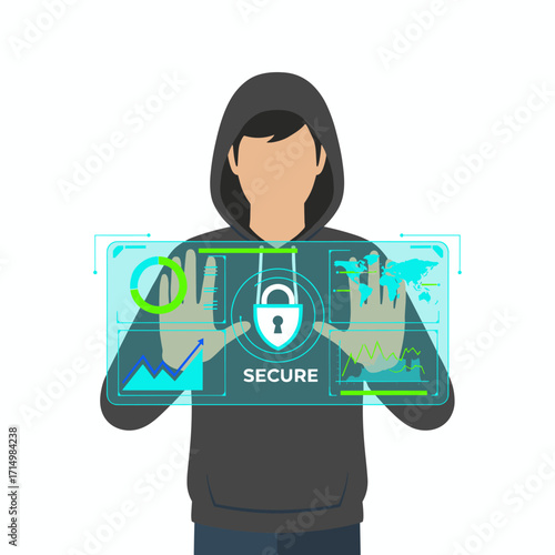 A cybersecurity expert examines intricate data visualizations using sophisticated graphics, emphasizing the significance of data protection and secure networks in a technology-driven world