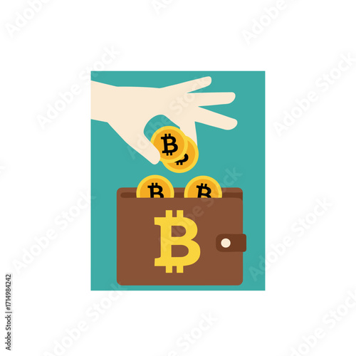 A digital illustration shows a hand depositing Bitcoins into a wallet, representing cryptocurrency transactions and digital finance against a green backdrop