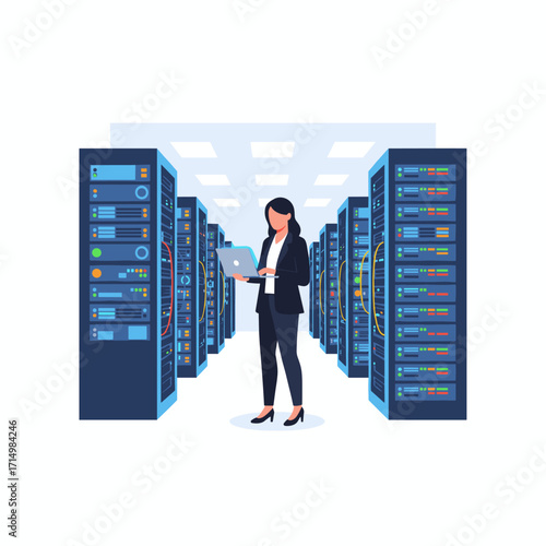 A woman walks through a high‑tech facility, using her laptop to patch network issues that are causing slow data transfer rates, while an employee in the data center works to fix errors affecting