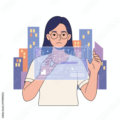 A Black woman uses a tech overlay on her phone at night for research and cybersecurity, while envisioning an IoT-enabled 3D hologram in the workplace for networking and cloud computing with a big