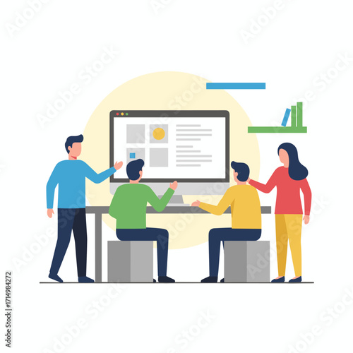 Business professionals collaborate with computers at night for research, IT, or coding, while diversity, programming, and teamwork address problem solving in software development or cybersecurity