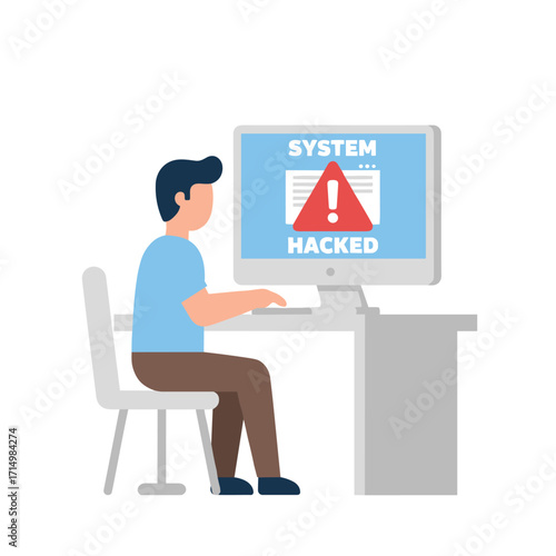 An employee working in the office saw a system hack alert on their computer screen following a network cyber attack, revealing internet cybersecurity vulnerabilities, a virus, a data breach, and a