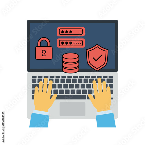 A professional hacker with a laptop and smartphone launches a cyberattack, breaching security, hacking the system, and triggering an internet cyber attack alert marked by a red broken padlock