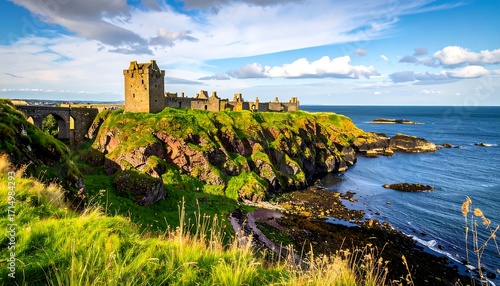 Coastal castle ruins under a vibrant sky