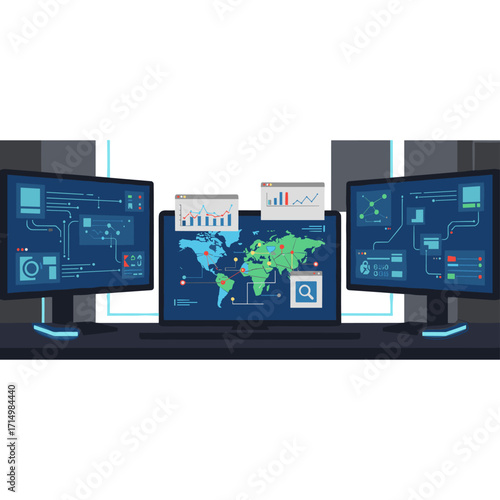 A laptop screen displays a cybersecurity and technology backdrop for nighttime surveillance, data protection, or global coding, featuring GDPR, satellite hacking, and software development across a