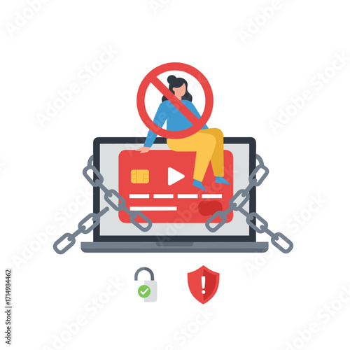 A young girl sits on a vertical poster collage, using a credit card and laptop for cashless payments, while fraud protection and cybersecurity chains are tied and blocked