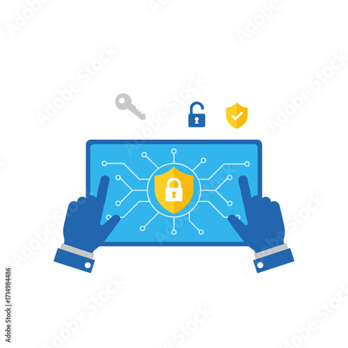 Encryption and lock key security protect users’ personal data, and a businessman on his phone taps the security icon on the virtual screen