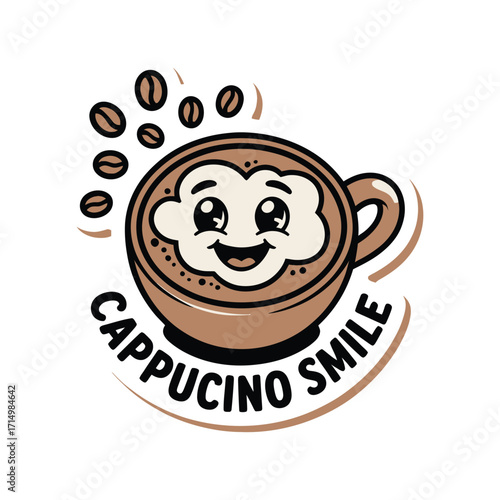 Smiling cappuccino cup with coffee beans and text smile