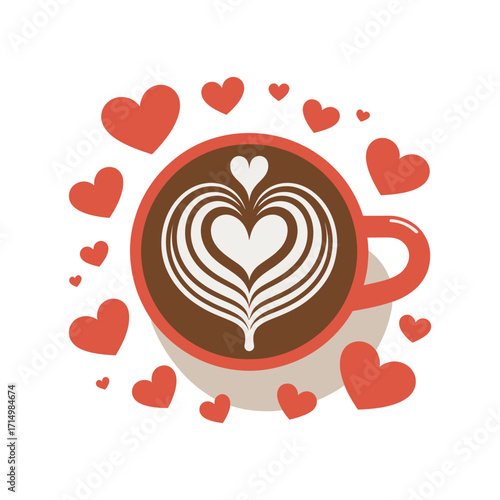 Red cappuccino mug with latte art heart and scattered hearts