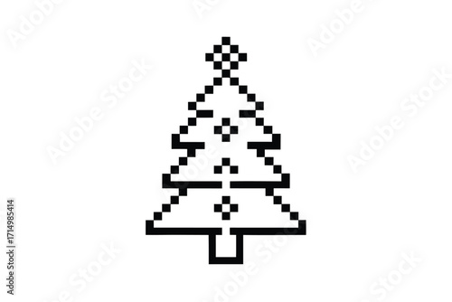 A pixelated black Christmas tree stands out, featuring retro style decorations against the white backdrop