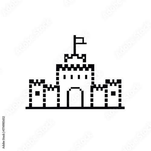 A pixelated black and white old castle stands tall on a flat surface