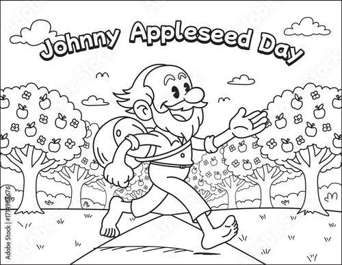 Johnny in orchard
Johnny Appleseed coloring page vector. Folk hero walking barefoot with bag of seeds in apple orchard. Black and white line art for kids’ school activities.
