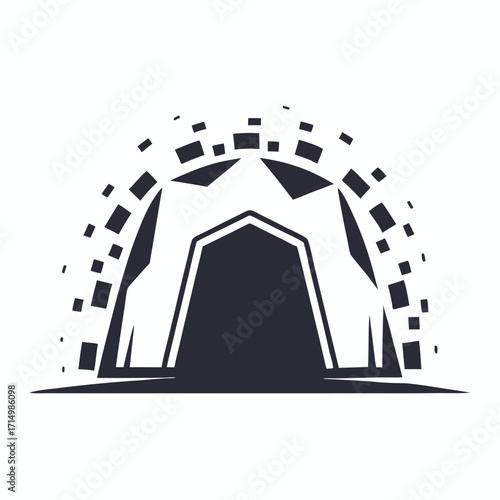 Abstract monochromatic silhouette shows a cave entrance with a radiating pixelated halo around the opening