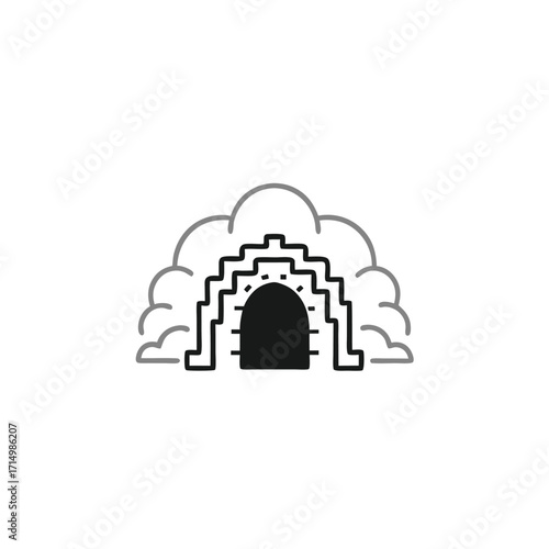 Ancient black tunnel icon features stepped architecture framed by stylized cloud line art perfectly