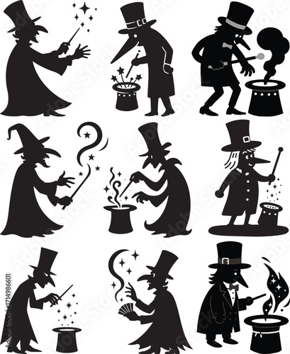 Happy halloween magician set silhouette vector illustration art