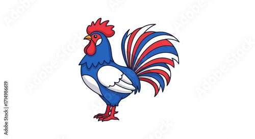 Cartoon French Rooster with Red White and Blue Tail Feathers.