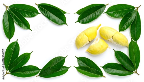 Fresh durian segments framed by green leaves