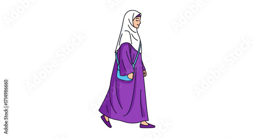 Woman in Purple Abaya and White Hijab Walking.