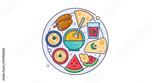 A vibrant flat illustration of a circular platter filled with diverse food items.