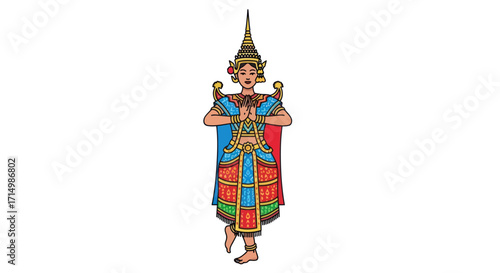 Traditional Thai Classical Dancer Illustration with Ornate Costume and Crown.