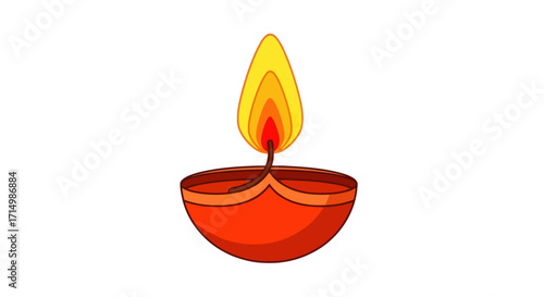 Traditional Indian Diya Lamp with Bright Lit Flame Illustration.