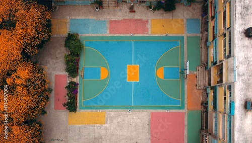 Aerial view of colorful outdoor basketball court