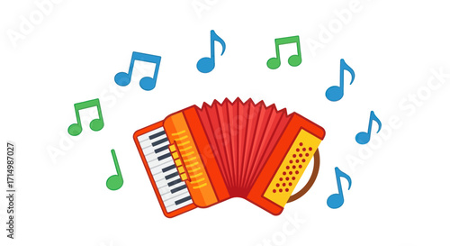 Red Accordion with White Keys and Musical Notes Illustration.